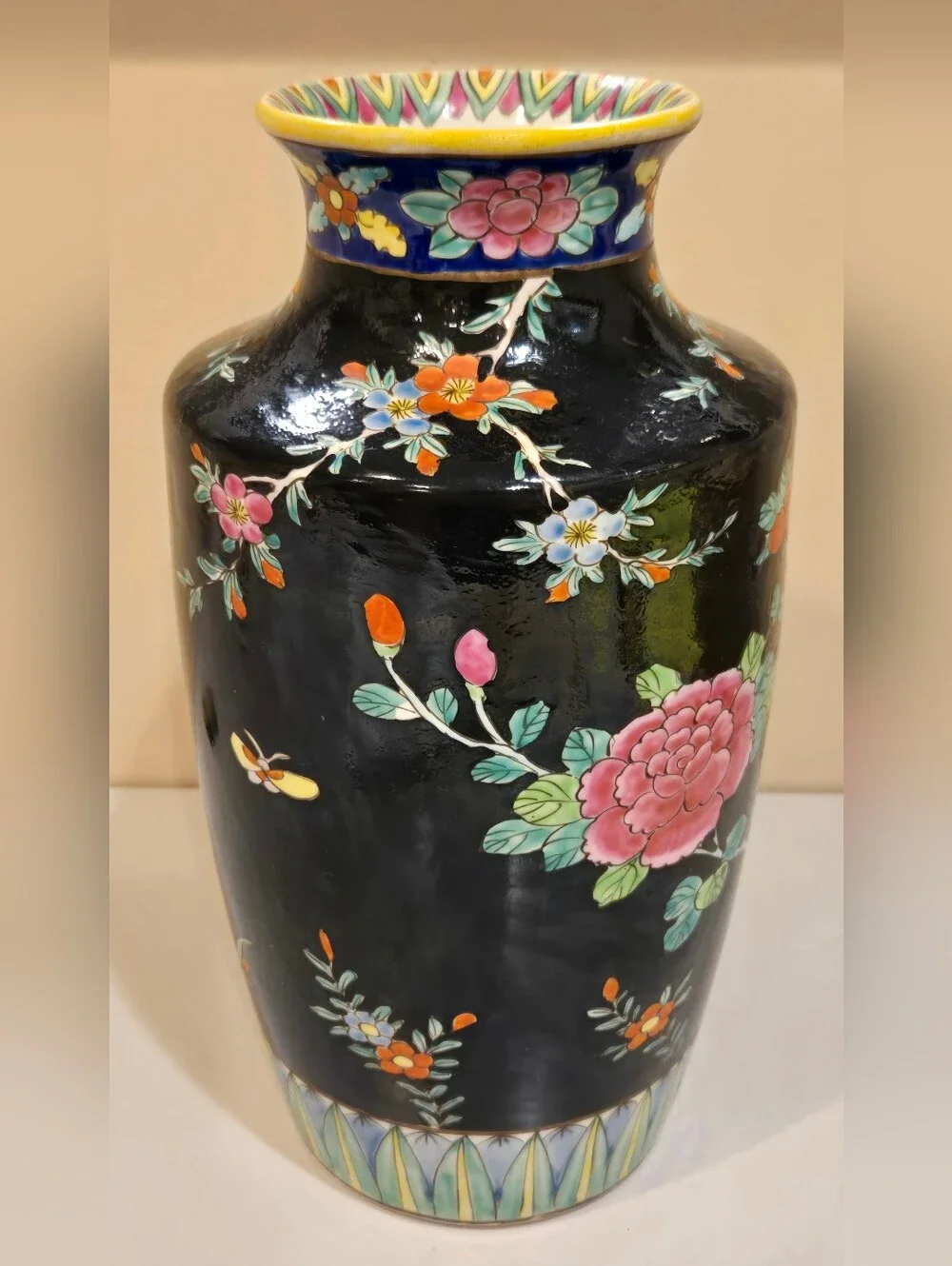 Hand Painted Chinoiserie Bird Of Paradise Ceramic Vase - Black Background